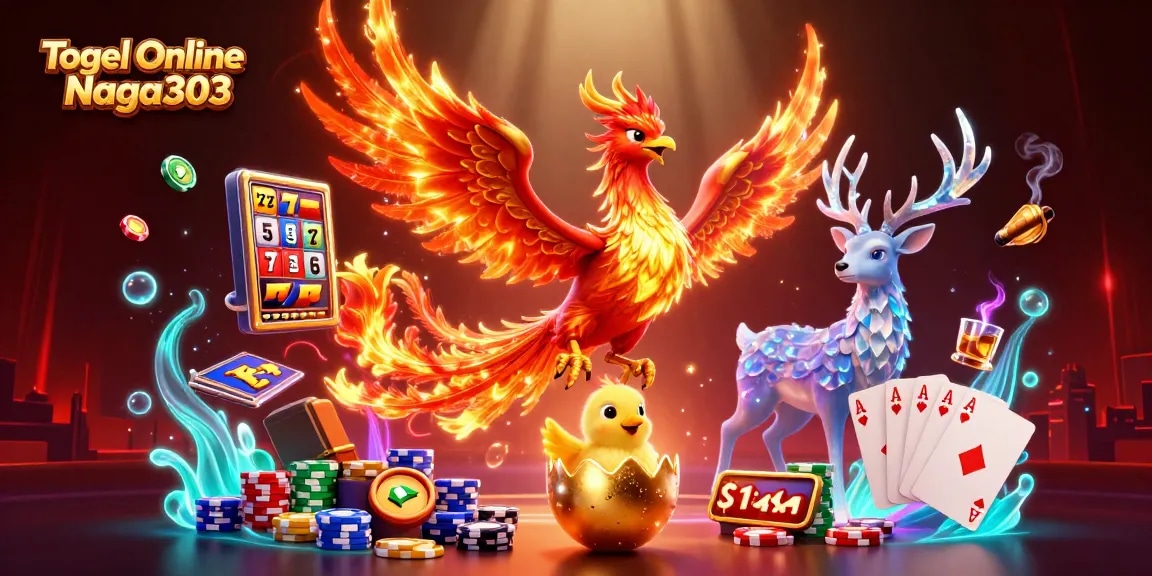 Togel Online Naga303 showcases vibrant slot reels and a majestic phoenix illustrating gambling excitement.