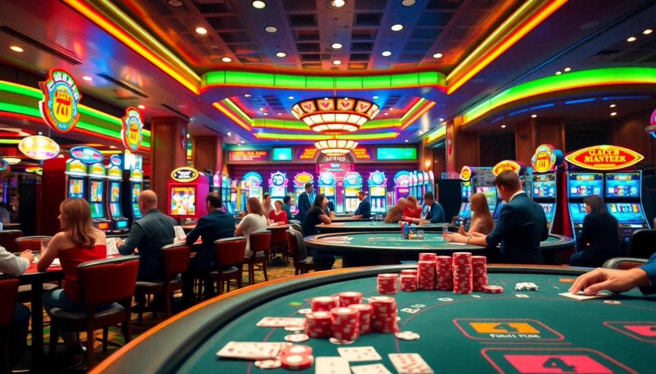 Bandartoto menghadirkan suasana kasino yang semarak dengan pemain dan mesin slot.
