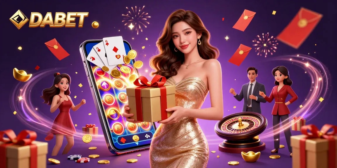 DABET engages players with golden coins and dynamic slot games in a festive casino scene.