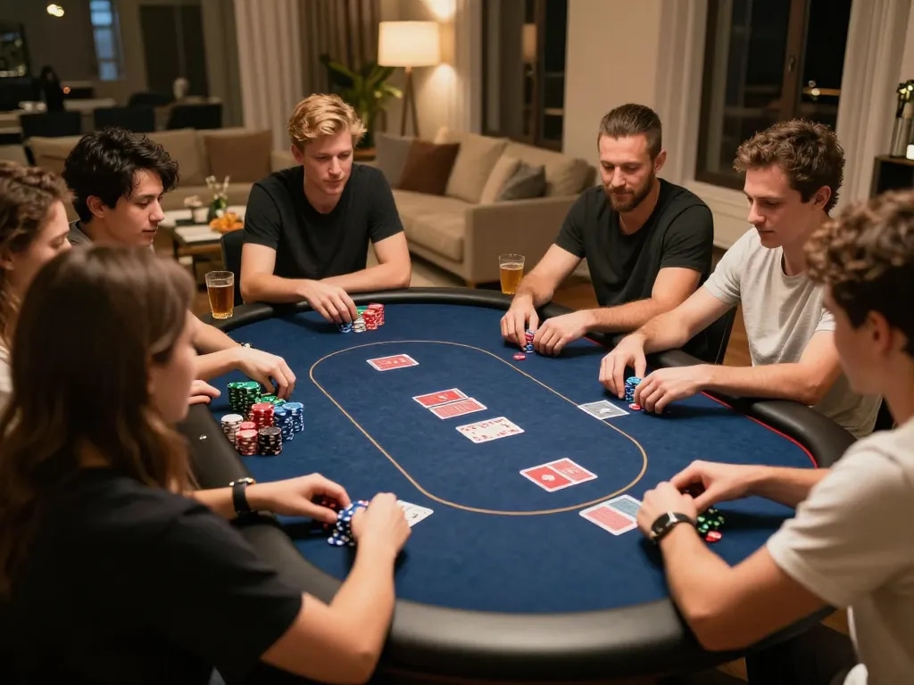 Friends playing poker at home with chips and cards visible on the table, engaging gameplay at https://luck8.bid/