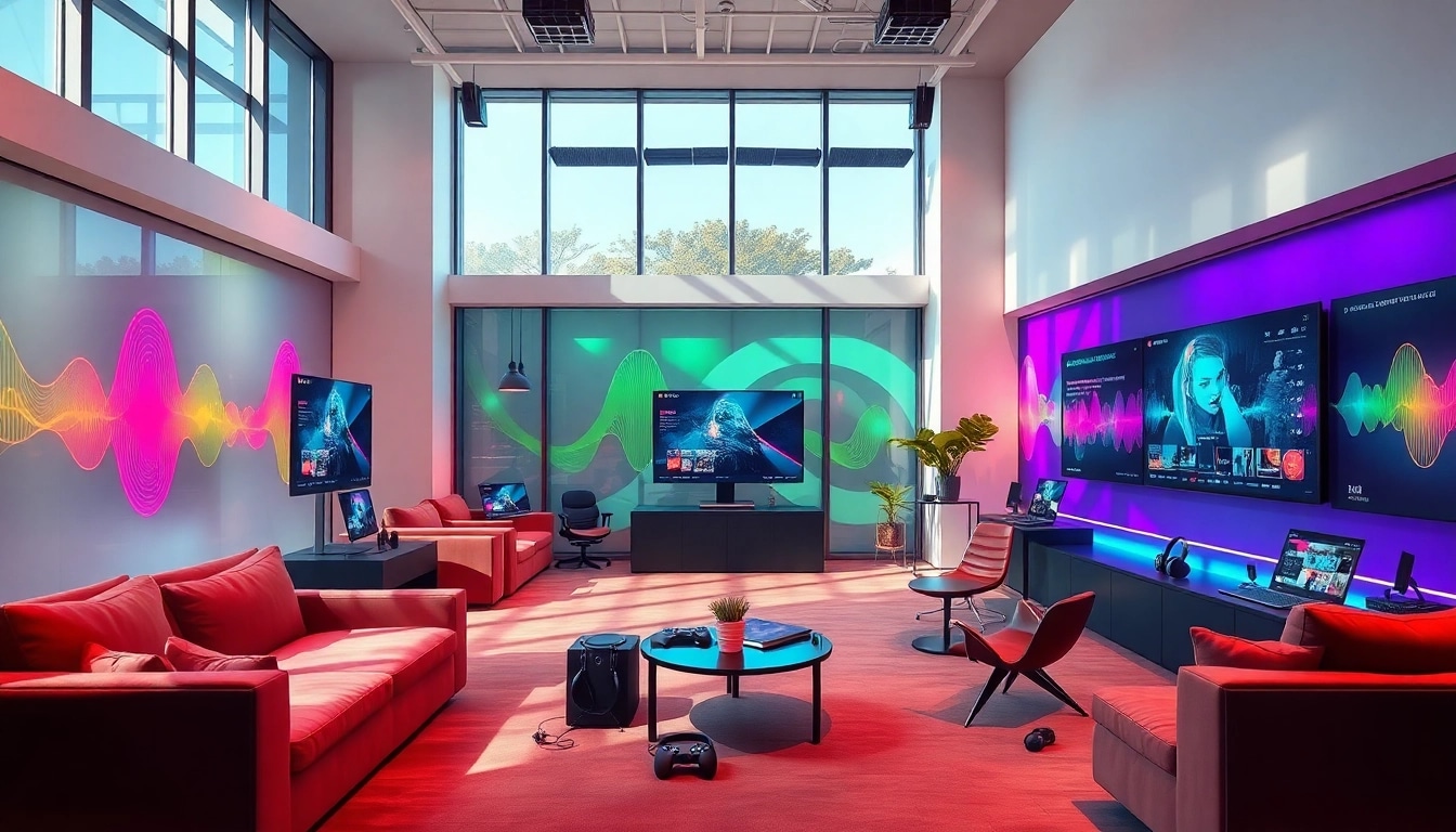 Creative gaming lounge showcasing 399W's casual games and sound experiences.