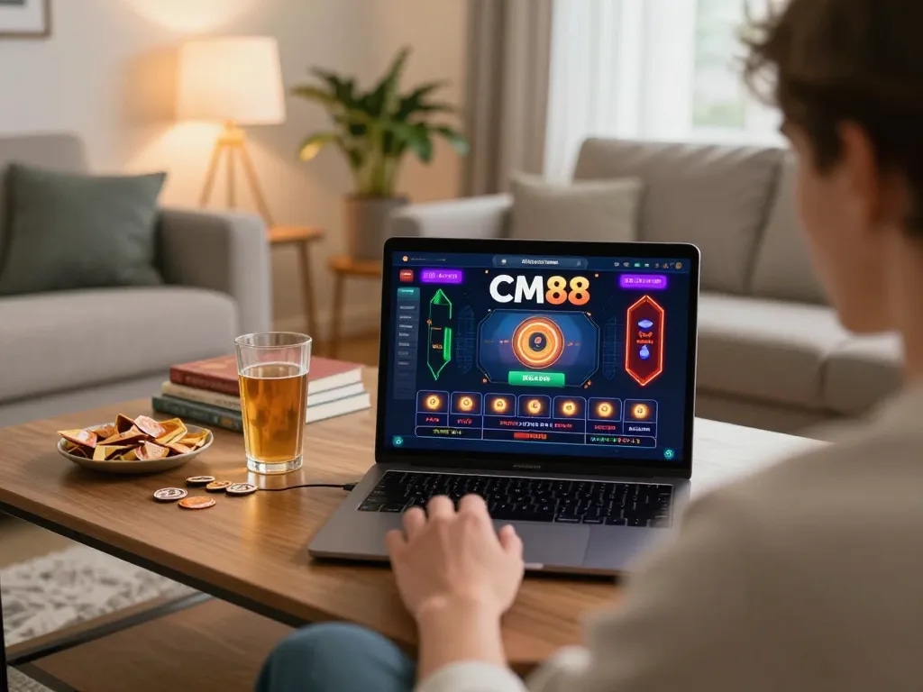 CM88 online gaming setup with player engaged in casino activities from home, emphasizing a comfortable atmosphere