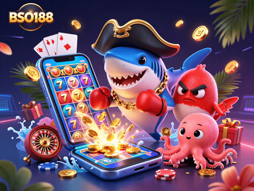 Experience thrilling slot gameplay with BSO188 alongside fun characters and casino items.