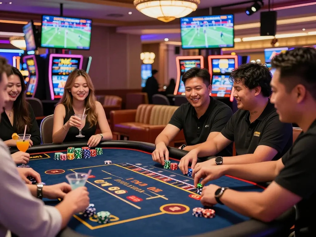 Exciting NK88 casino gameplay with players enjoying roulette under vibrant neon lights.