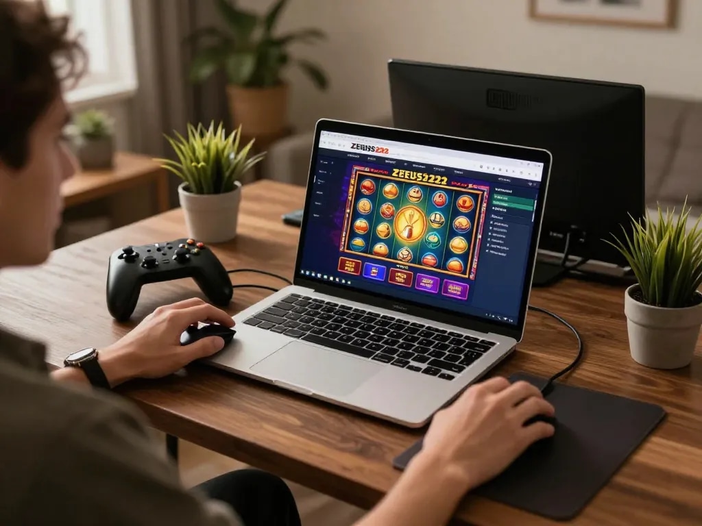 Playing slot games on ZEUS222 online casino platform in a cozy home environment.