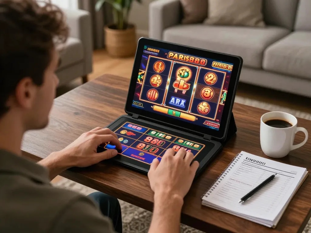 Player enjoys exciting online slots experience with Paris888 in a cozy home environment.