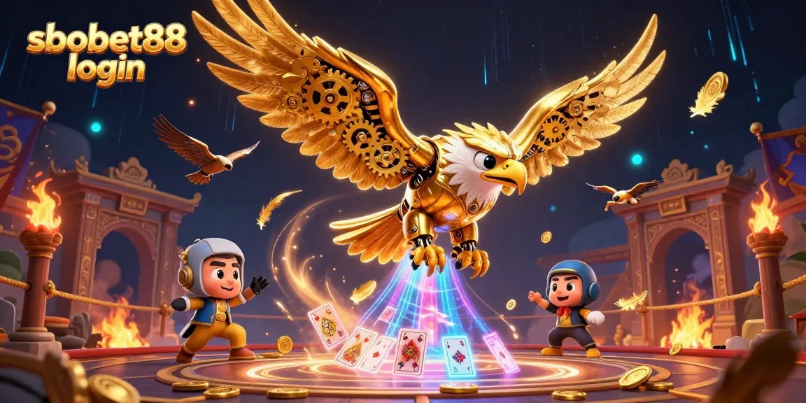 Experience sbobet88 login with an intricate 3D illustration featuring a cybernetic golden eagle and dynamic gaming elements.