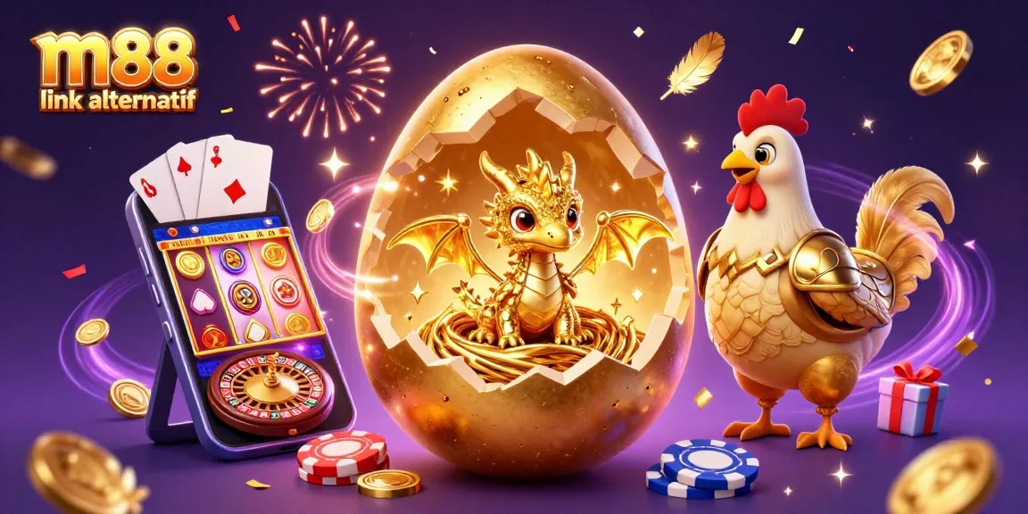 Experience the thrill of m88 link alternatif, featuring a baby dragon and golden poker chips amidst exciting casino elements.
