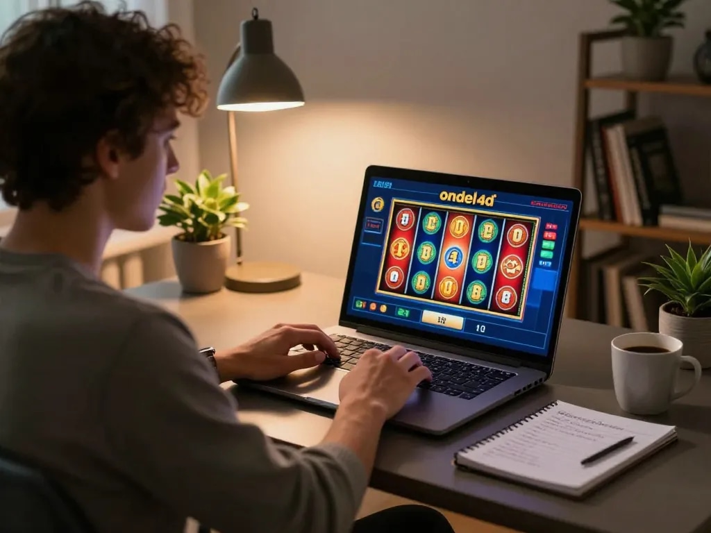 Engaging with ondel4d online slot games, player determined at home desk with laptop.