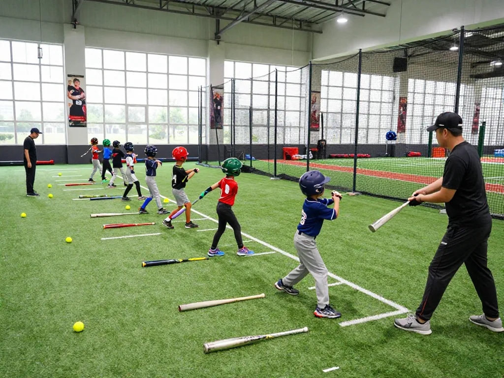 Hitclub young athletes practicing at an indoor baseball training facility.