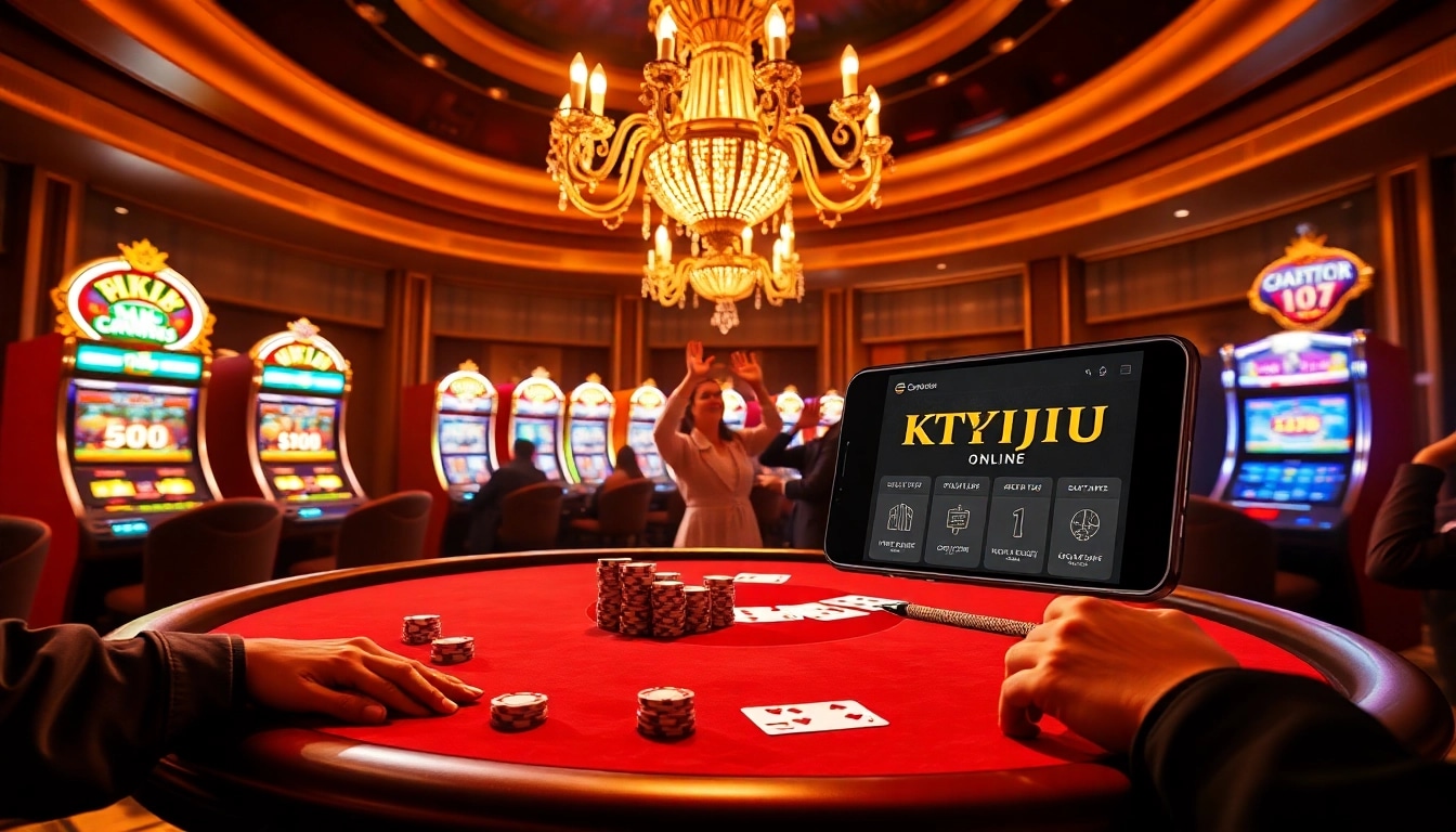 KTPJITU online platform displayed on a smartphone amidst an opulent casino setting.