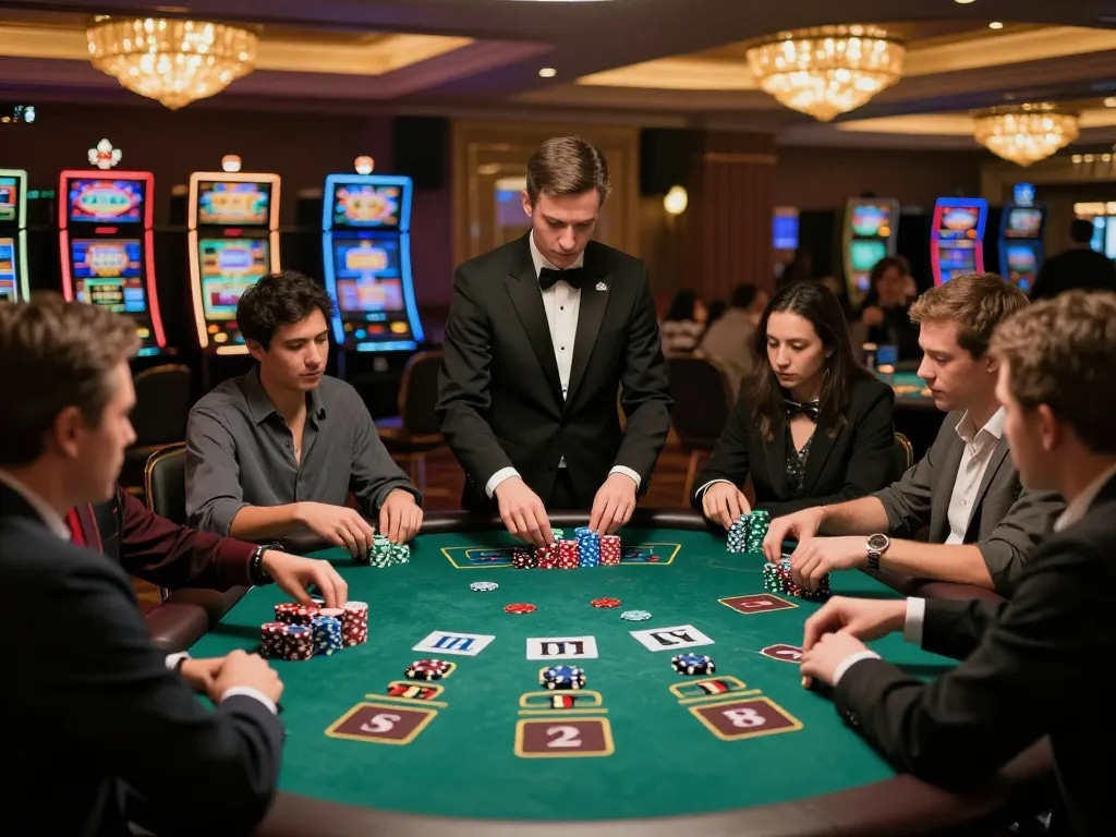 Players engaging in an intense blackjack game at nhà cái vua 88, showcasing strategic wagering and high stakes excitement