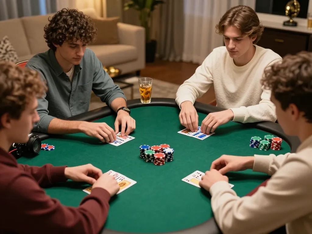 Players strategizing in a friendly poker game at home, highlighting the 789club gaming experience.