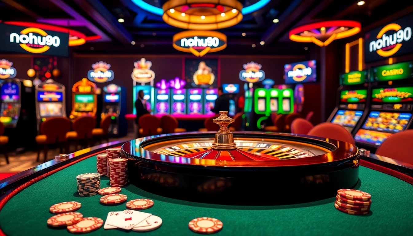 A dynamic casino scene showcasing players engaging with games at nohu90, featuring vibrant poker tables and slot machines.