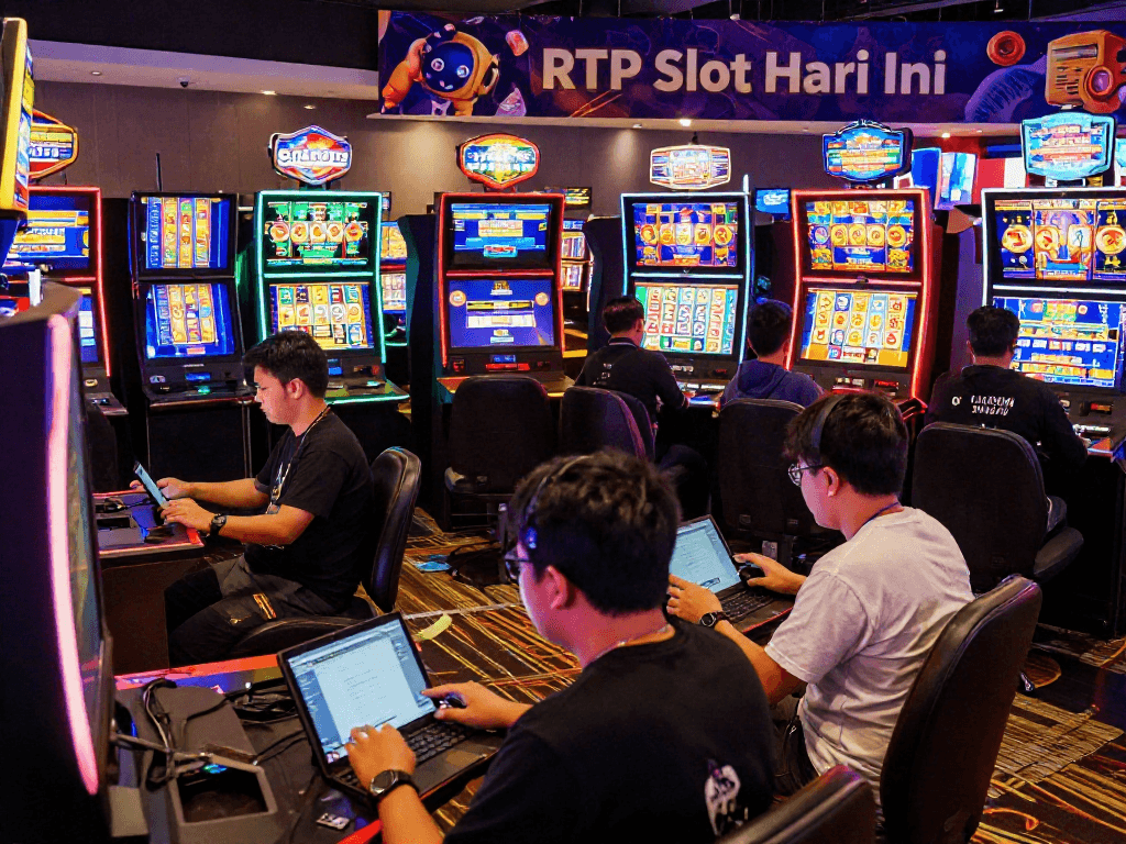 Players engaging in RTP slot hari ini in a vibrant online gaming environment with colorful machines and real-time data.