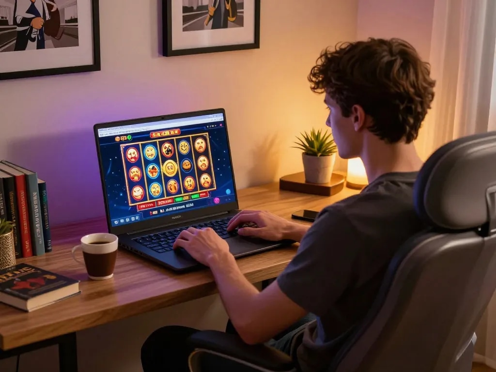 Pengalaman perjudian online yang menarik di OKESLOT, menampilkan gulungan slot yang cerah di laptop.