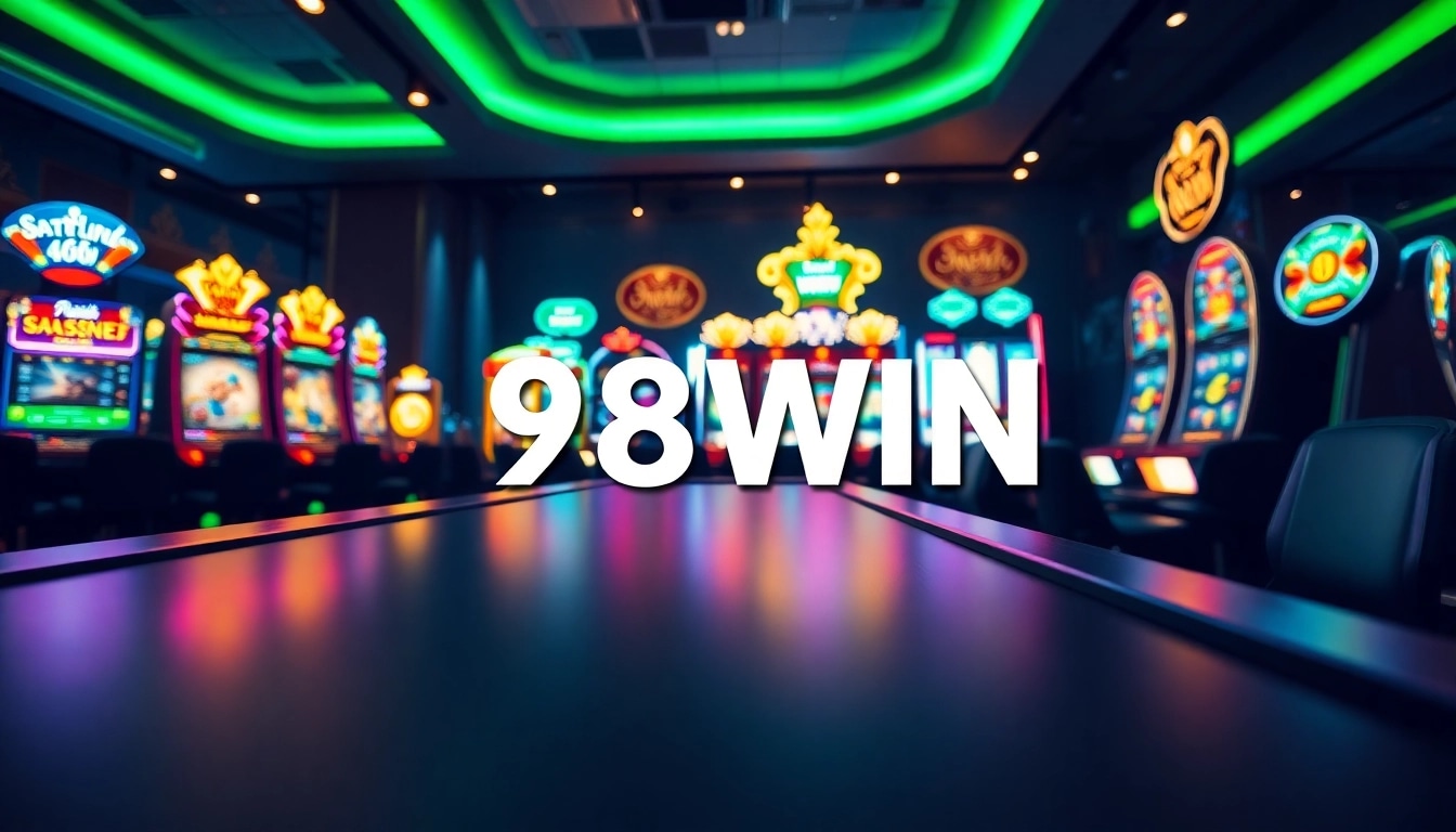 Experience the excitement of 98WIN with colorful slot machines and lively casino atmosphere.