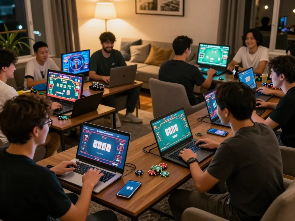 MPOID players enjoying a lively online poker tournament at home, screens showing vibrant game graphics.