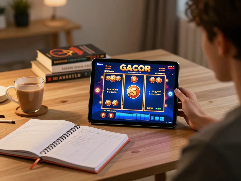 Player engaged with slot gacor games on a tablet, showcasing strategic gambling environment.