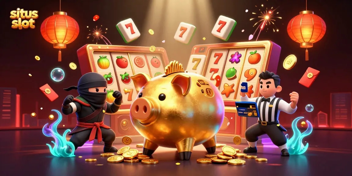 Gambarkan situs slot dengan tema kasino yang berisi piggy bank emas, ninja, dan samurai di tengah suasana meriah.