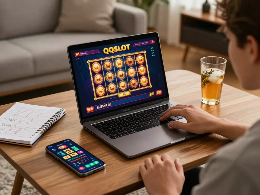 Player engaging with QQSLOT online casino on a laptop in a cozy living room.
