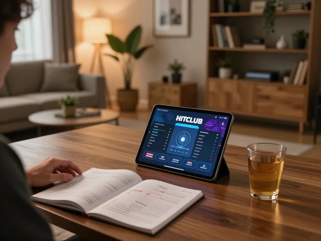 Engaging with Hitclub online gaming on a tablet in a cozy living room atmosphere, highlighting responsible gaming.