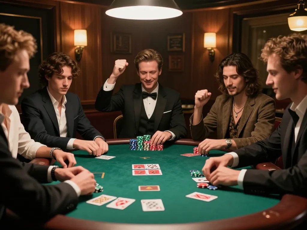 MPOID poker players engaged in intense game, showcasing chips and cards with lively atmosphere.