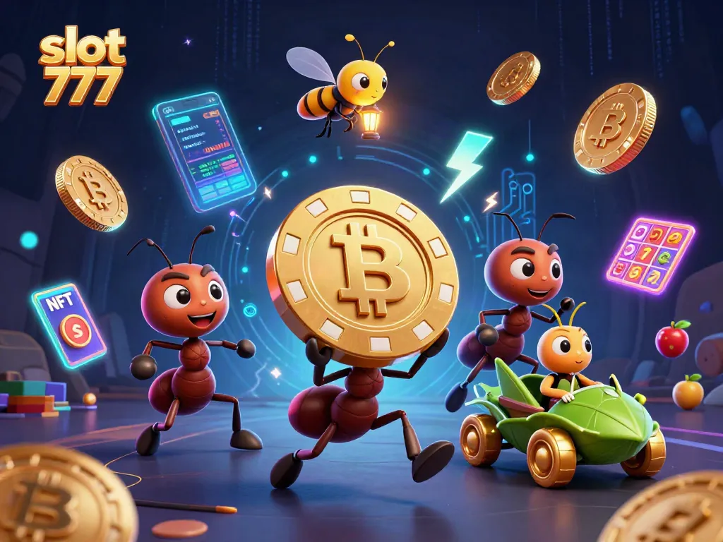 Bermain slot 777 dengan tim semut 3D dan simbol keberuntungan sementara mencari jackpot di dunia digital.