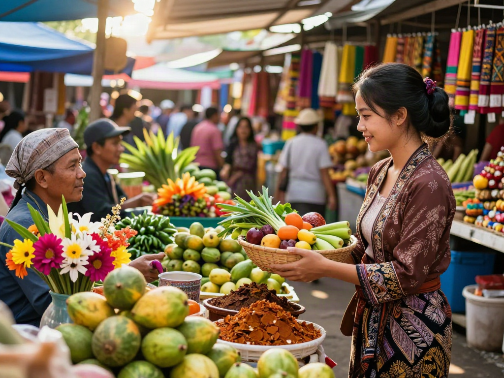 Pengunjung berinteraksi di pasar tradisional, memperlihatkan bukumimpi138 dalam skenario yang penuh warna dan budaya.