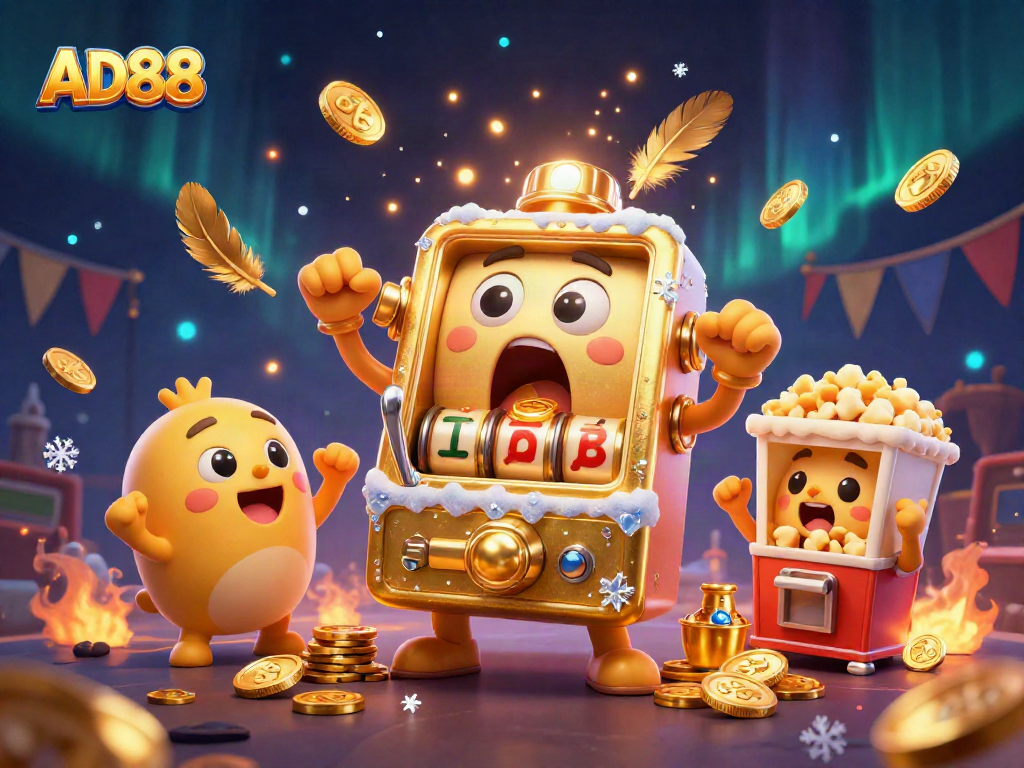 AD88 jackpot scene with a joyous slot machine family celebrating amidst golden coins and vibrant casino lighting.