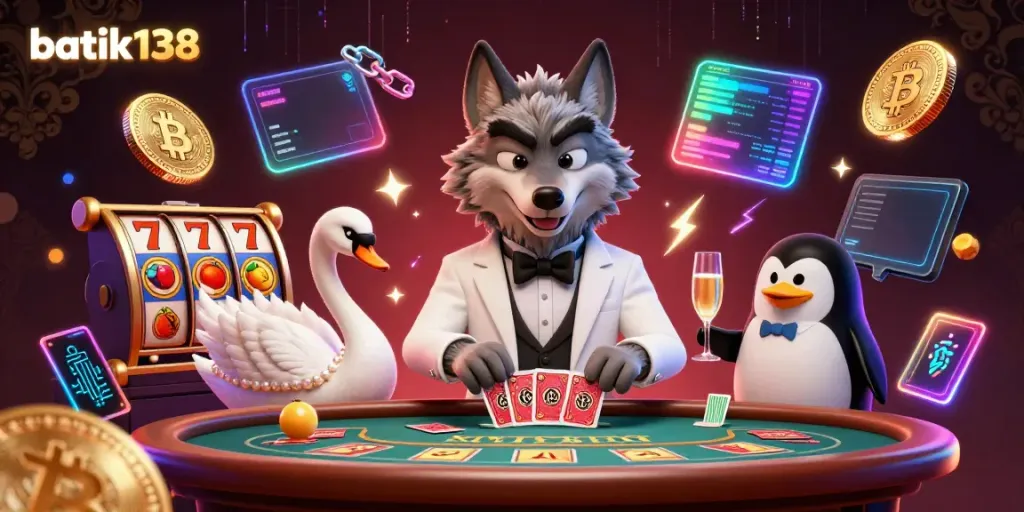 Bermain di BATIK138 dengan slot dan menyampilkan simbol buah berkilau di meja baccarat.