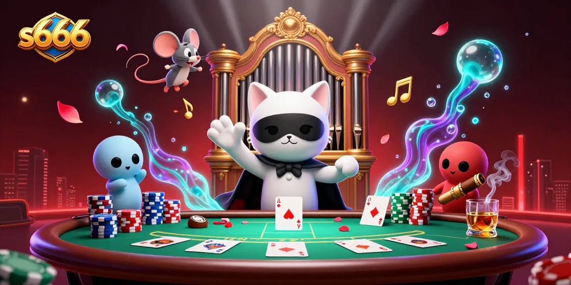 Engage with thrilling s666 poker action featuring a whimsical cat and acrobat in a vibrant casino scene.