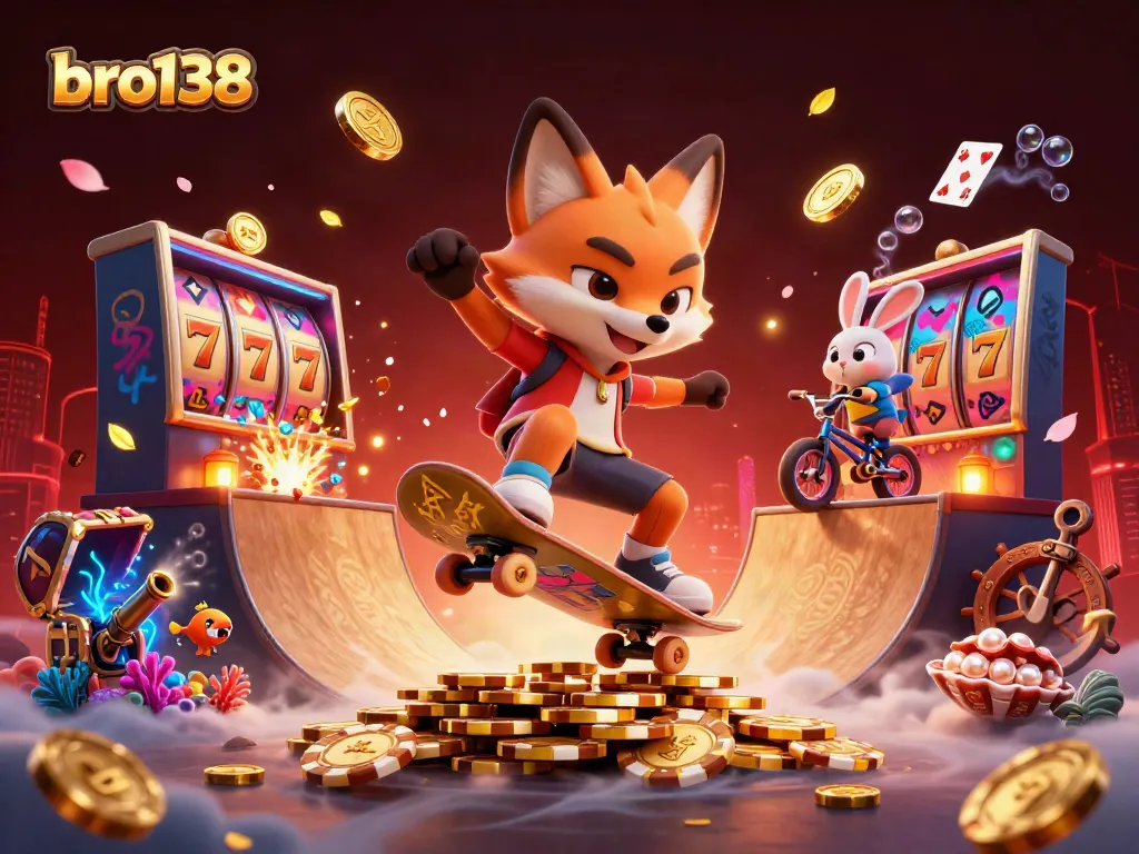 Experience excitement at bro138 with a dynamic scene of cartoon characters amidst casino symbols and vibrant colors.