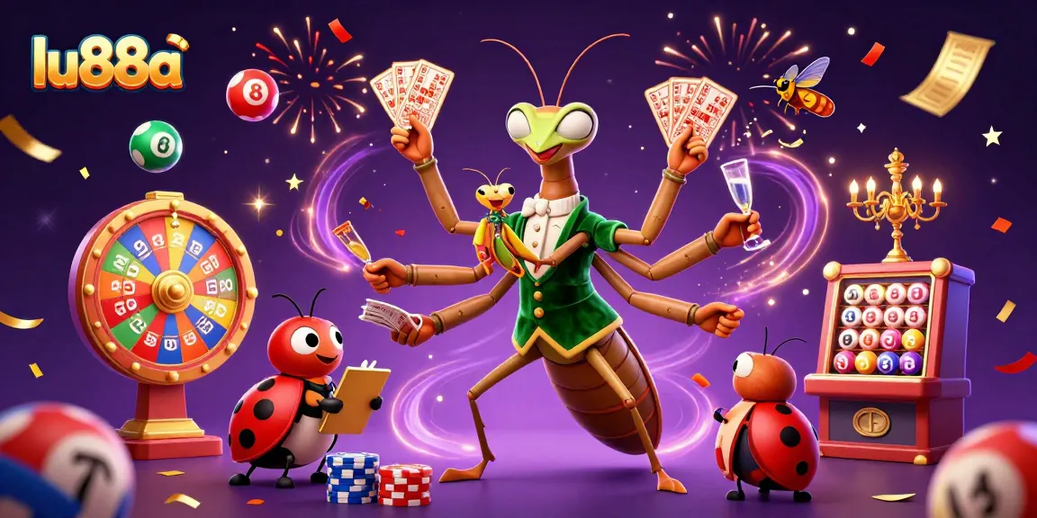 Experience lu88a's vibrant gaming atmosphere as a giant mantis dealer distributes cards amidst a lively casino.