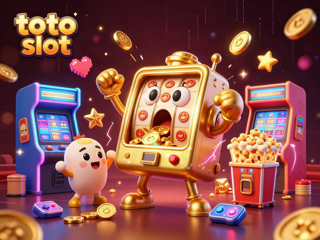 Slot menggembirakan toto slot dengan mesin slot emas 3D dan kerumunan mesin kecil bersorak.