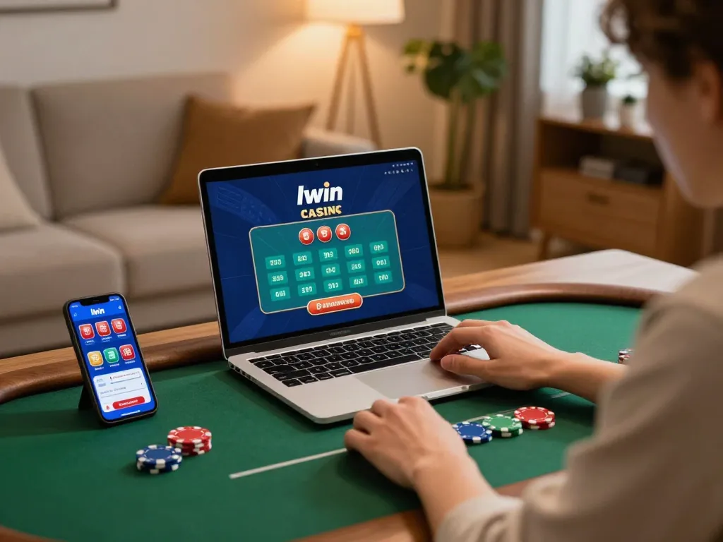 Player engaging with llwin casino app on laptop, surrounded by poker chips in a cozy home setting.