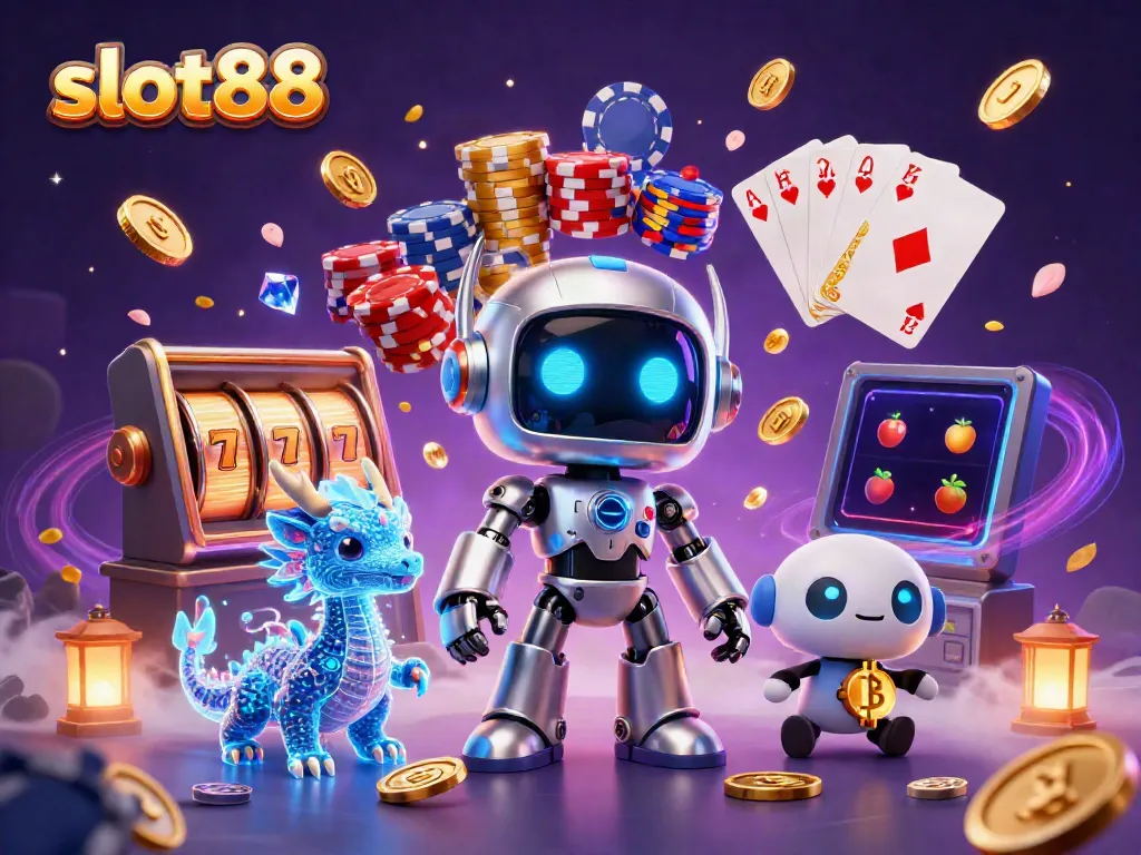 Slot88, menampilkan robot cyberpunk dengan simbol bitcoin dan slot machine, dikelilingi koin berkilau.