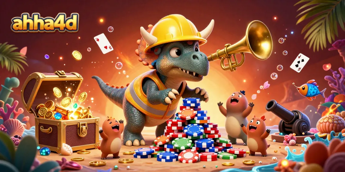 Experience thrilling gaming with ahha4d as triceratops and friends build a poker chip pyramid in a vibrant setting.