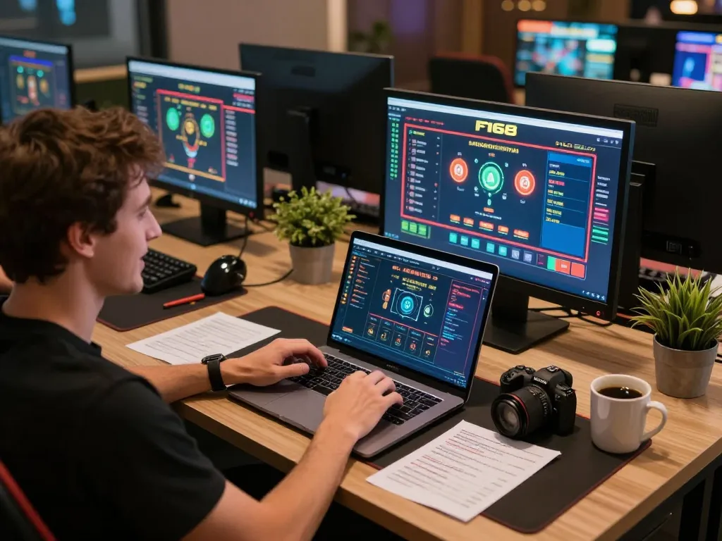 Player engaging with F168 online casino, showcasing a dynamic gaming setup in a cozy environment