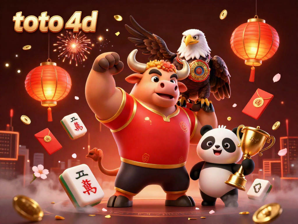 Experience the excitement of Toto 4D with a victory pose from our bull mascot, eagle, and panda trophy holders!