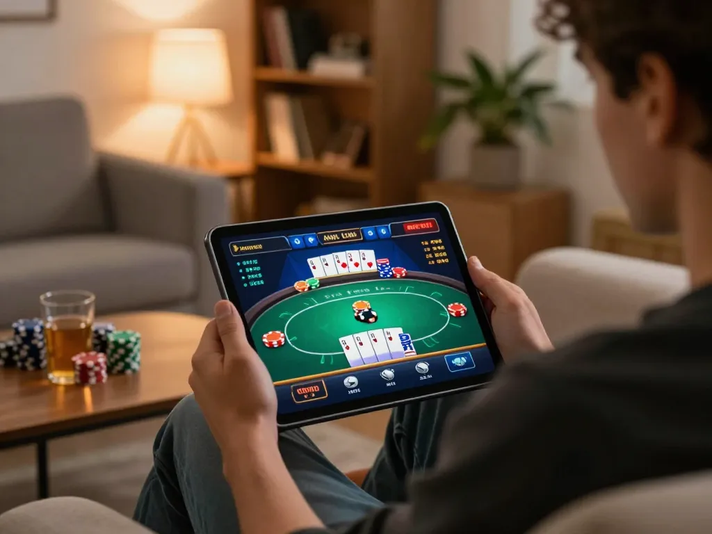 Engaging online poker game on U888 platform displayed on tablet while player enjoys cozy home setting.