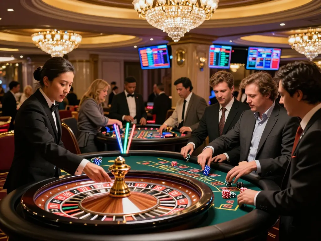 Players engaging in a thrilling roulette game at a surewin casino, surrounded by luxurious decor and vibrant ambiance.