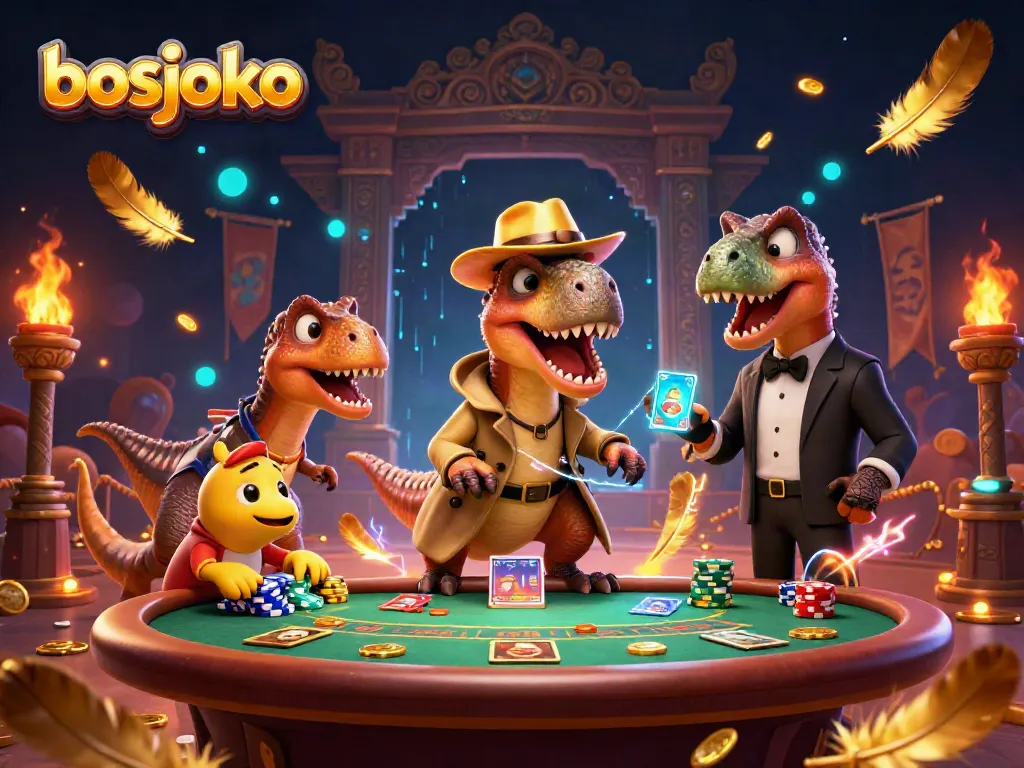 Experience the thrill of bosjoko with a dynamic casino scene featuring cartoon dinosaurs engaged in gaming.
