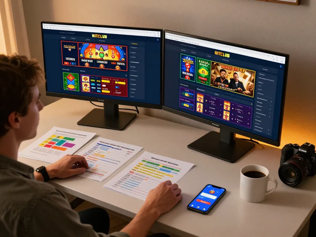 Engaged player using Hitclub app on smartphone at their home gaming setup, showcasing responsible gaming.