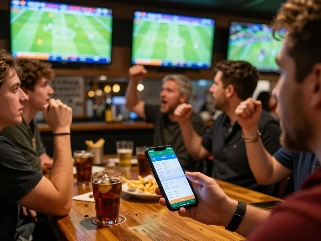 KQBD app displays live betting odds as excited sports fans engage in the game.
