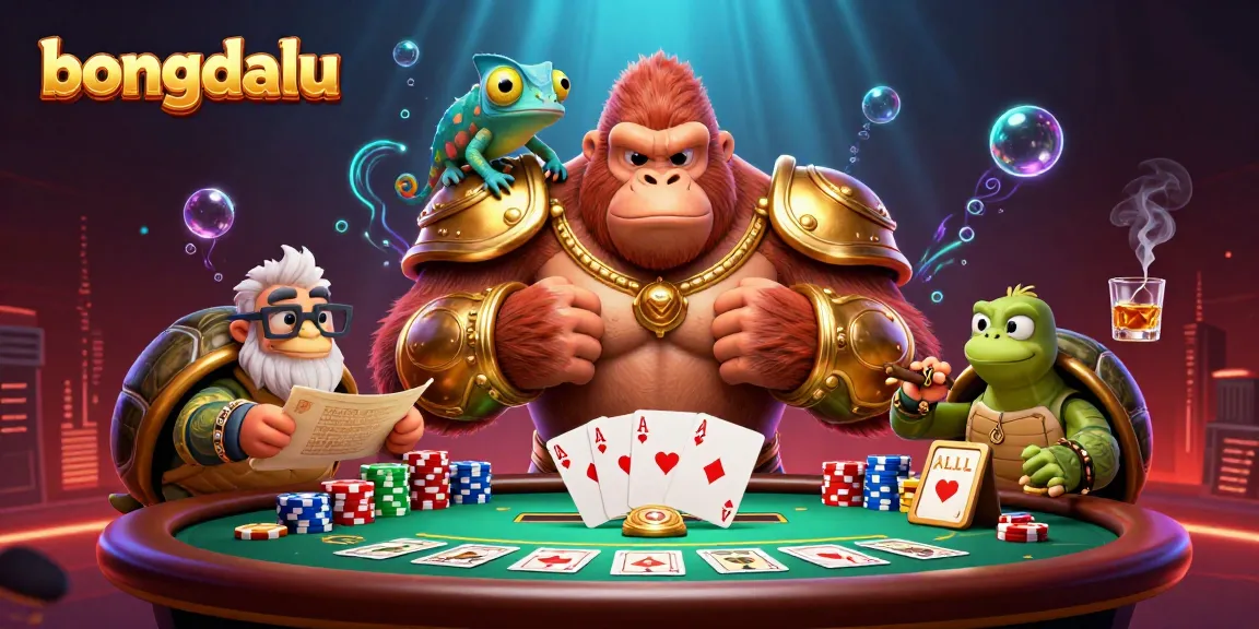 Bongdalu showcases a powerful gorilla king in battle armor, amid vibrant poker elements and glowing visuals.