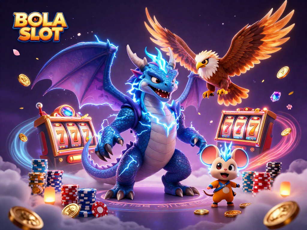 Experience BOLA SLOT as a dynamic thunder dragon, glowing hawk, and thunder mouse celebrate jackpots!