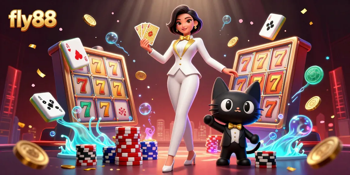 Experience thrilling gameplay with fly88 at a vibrant casino scene featuring a stylish woman and charming cat.