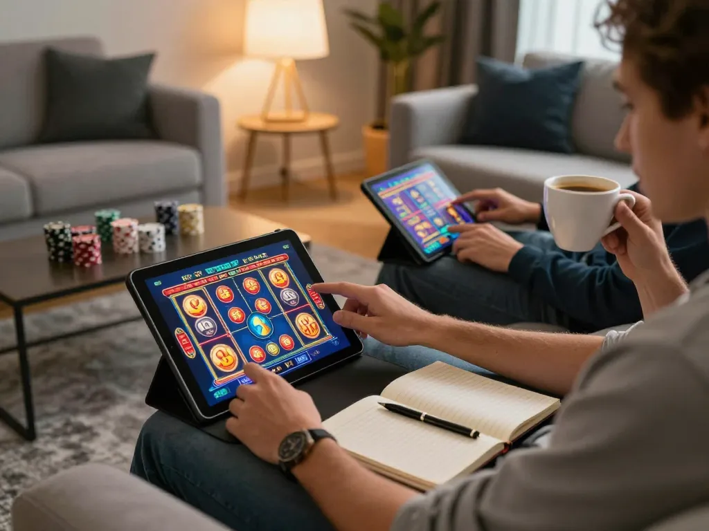 Players engaged in online gambling via tablet while strategizing on bankroll management with NEGO77 platform.