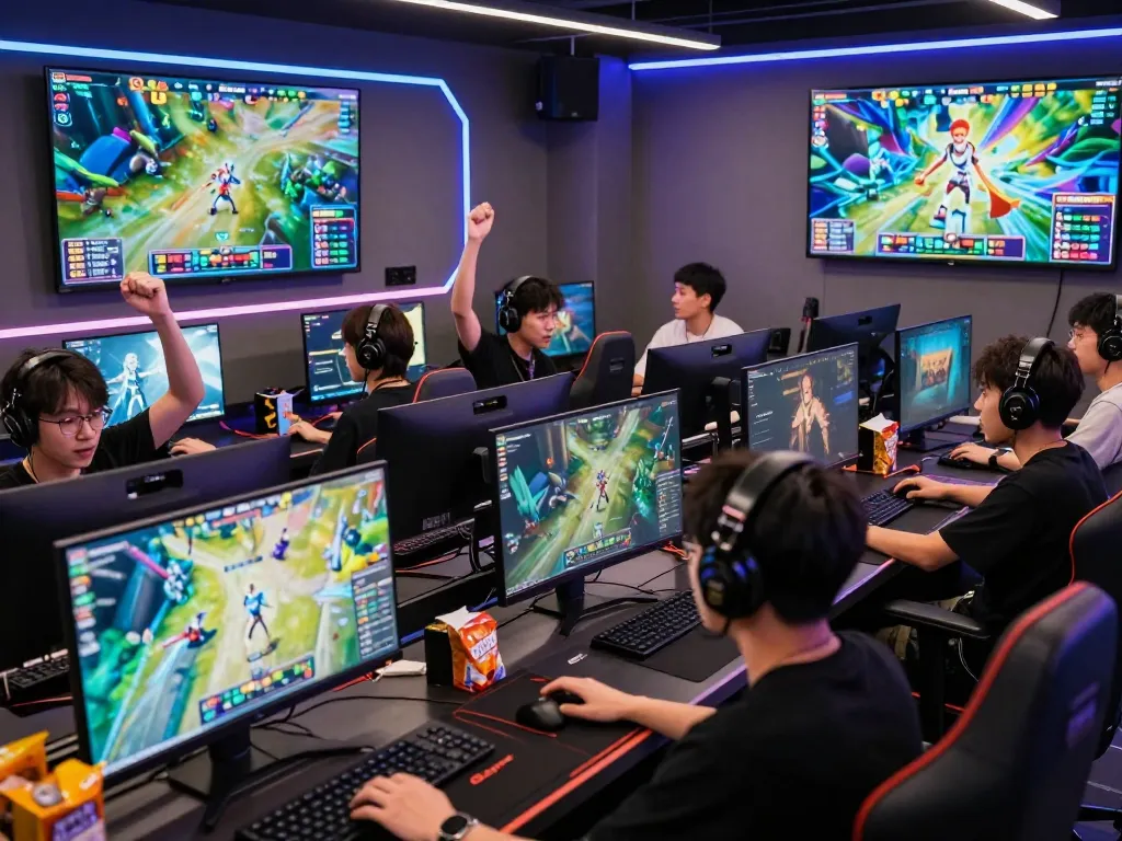 Enthusiastic players enjoying various MM88 games in a dynamic gaming lounge.